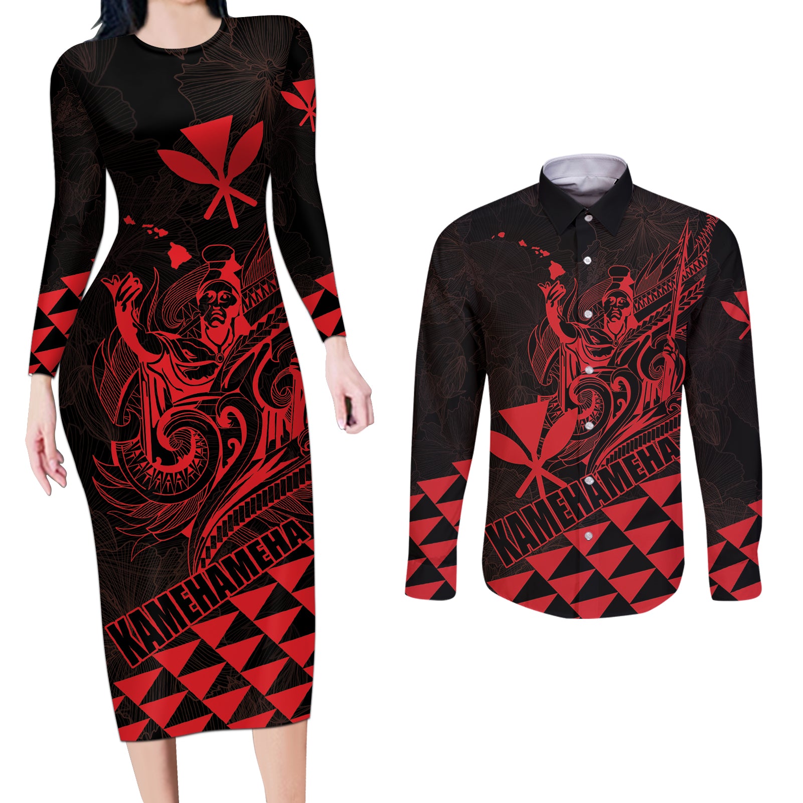 Personalized King Kamehameha Day Couples Matching Long Sleeve Bodycon Dress and Long Sleeve Button Shirt Kakau Polynesian Pattern