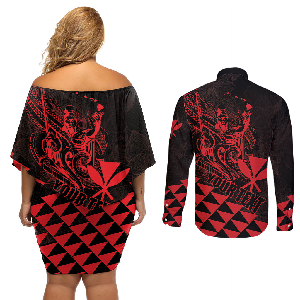Personalized King Kamehameha Day Couples Matching Off Shoulder Short Dress and Long Sleeve Button Shirt Kakau Polynesian Pattern