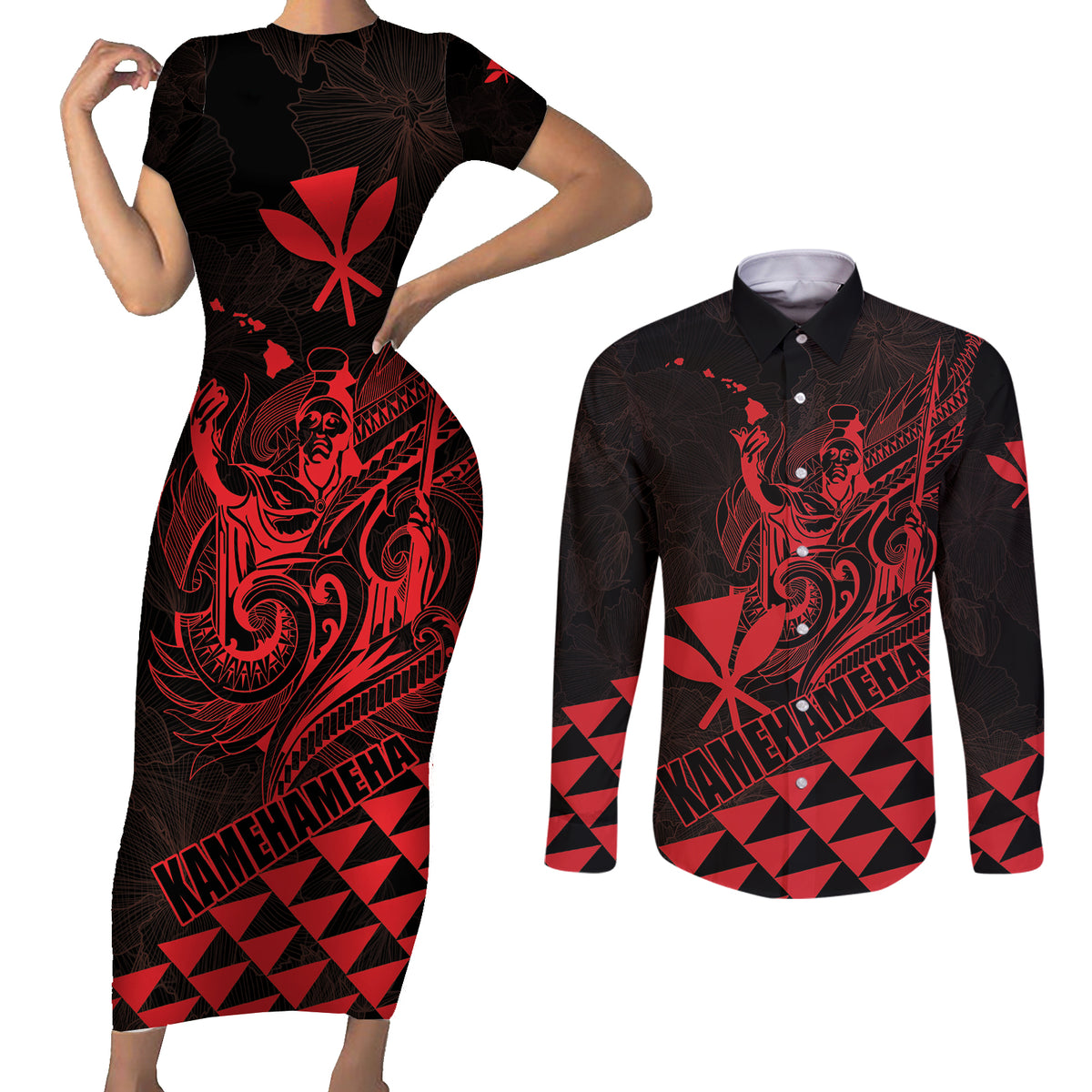 Personalized King Kamehameha Day Couples Matching Short Sleeve Bodycon Dress and Long Sleeve Button Shirt Kakau Polynesian Pattern