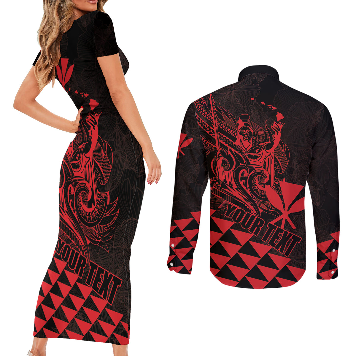 Personalized King Kamehameha Day Couples Matching Short Sleeve Bodycon Dress and Long Sleeve Button Shirt Kakau Polynesian Pattern