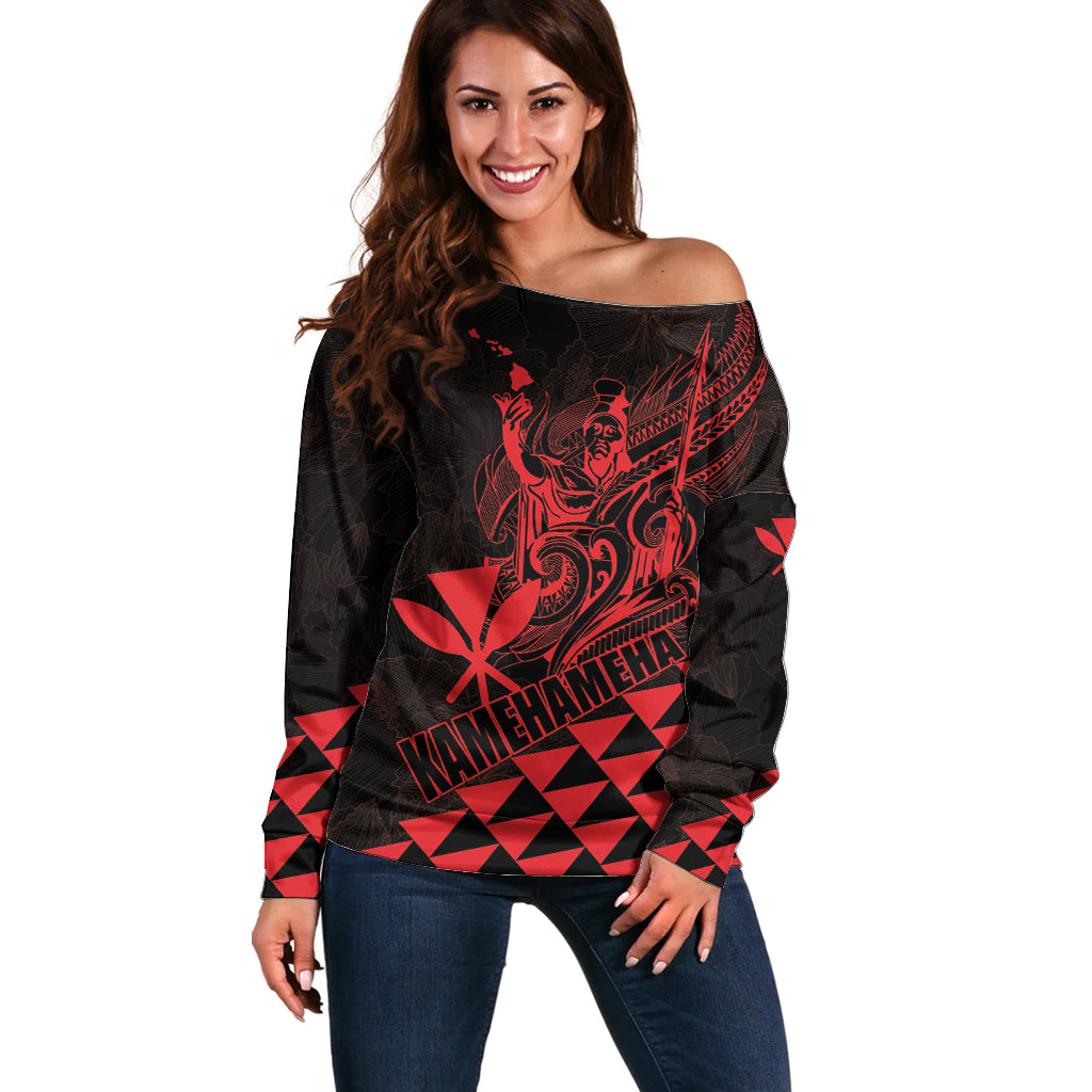 Personalized King Kamehameha Day Off Shoulder Sweater Kakau Polynesian Pattern
