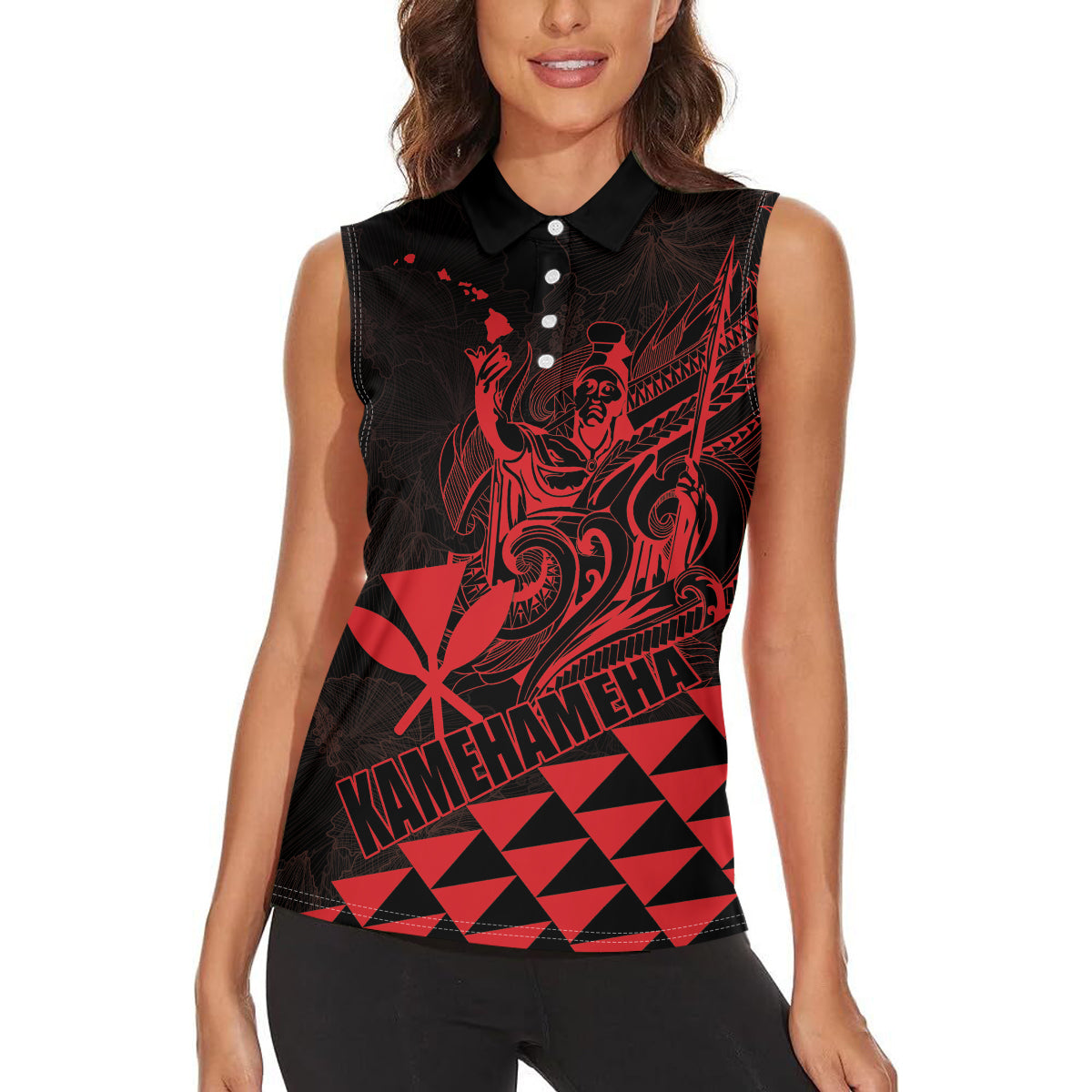 Personalized King Kamehameha Day Women Sleeveless Polo Shirt Kakau Polynesian Pattern