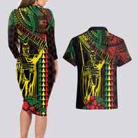 King Kamehameha Day Couples Matching Long Sleeve Bodycon Dress and Hawaiian Shirt Hawaii Kakau Reggae LT01 - Polynesian Pride