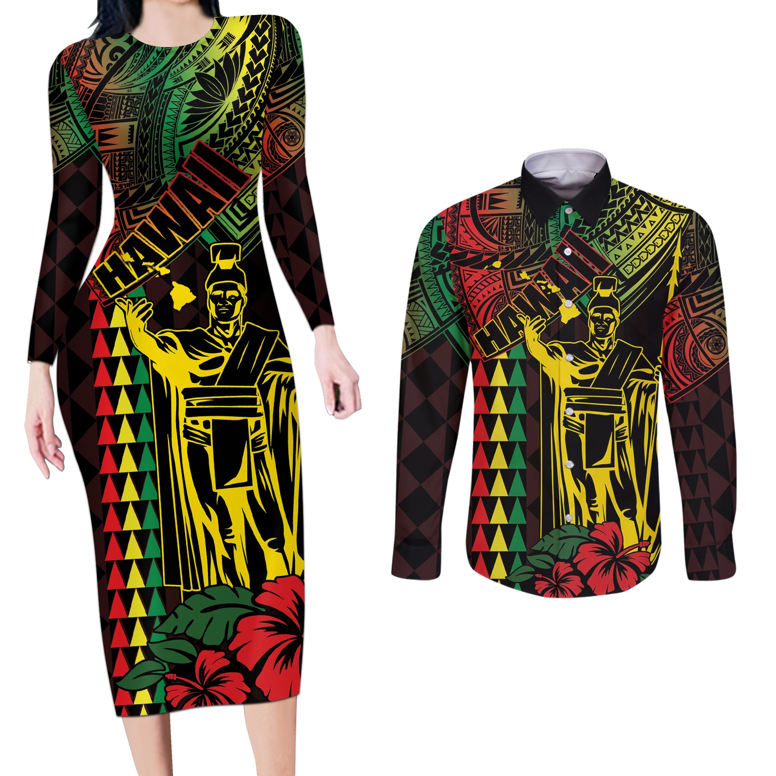 King Kamehameha Day Couples Matching Long Sleeve Bodycon Dress and Long Sleeve Button Shirt Hawaii Kakau Reggae