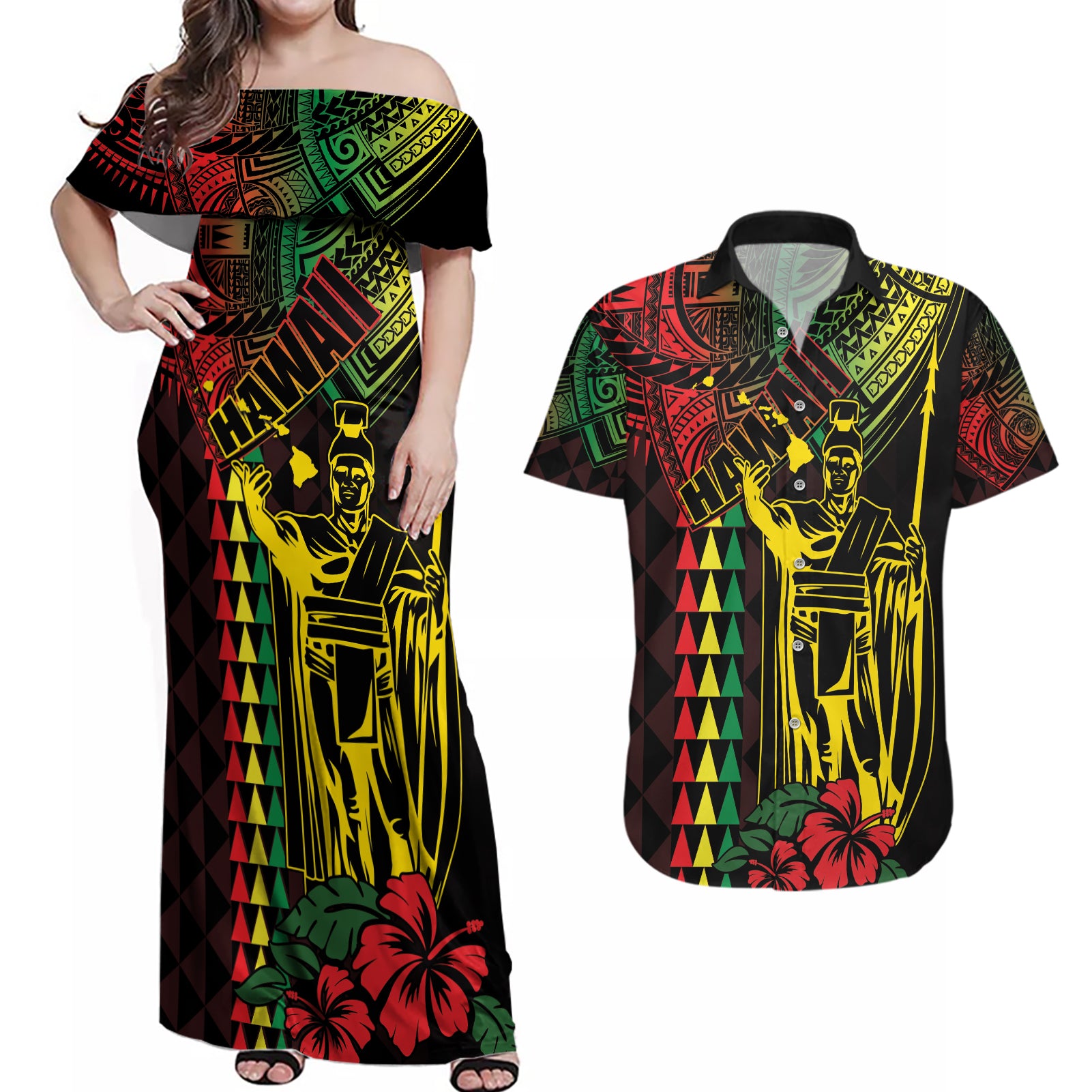 King Kamehameha Day Couples Matching Off Shoulder Maxi Dress and Hawaiian Shirt Hawaii Kakau Reggae