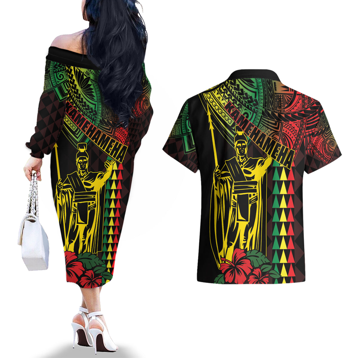 King Kamehameha Day Couples Matching Off The Shoulder Long Sleeve Dress and Hawaiian Shirt Hawaii Kakau Reggae