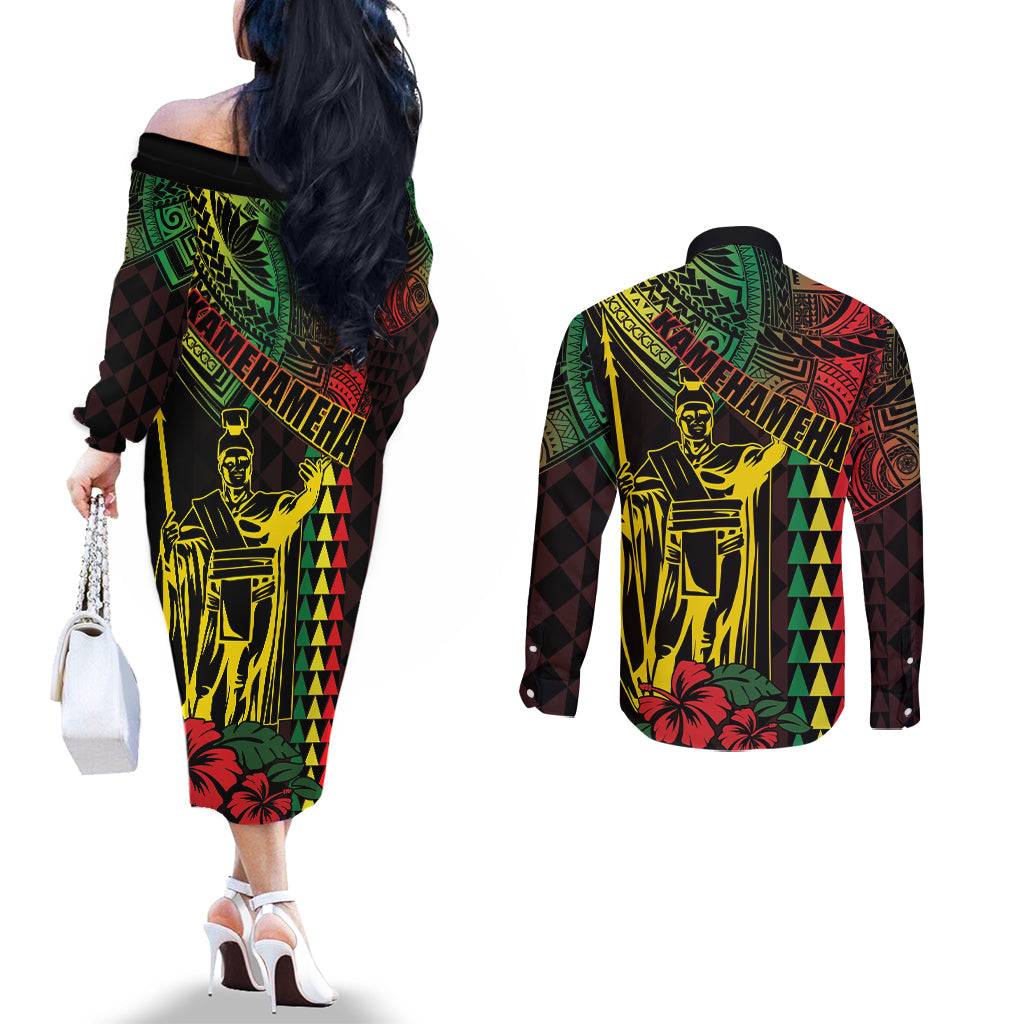 King Kamehameha Day Couples Matching Off The Shoulder Long Sleeve Dress and Long Sleeve Button Shirt Hawaii Kakau Reggae