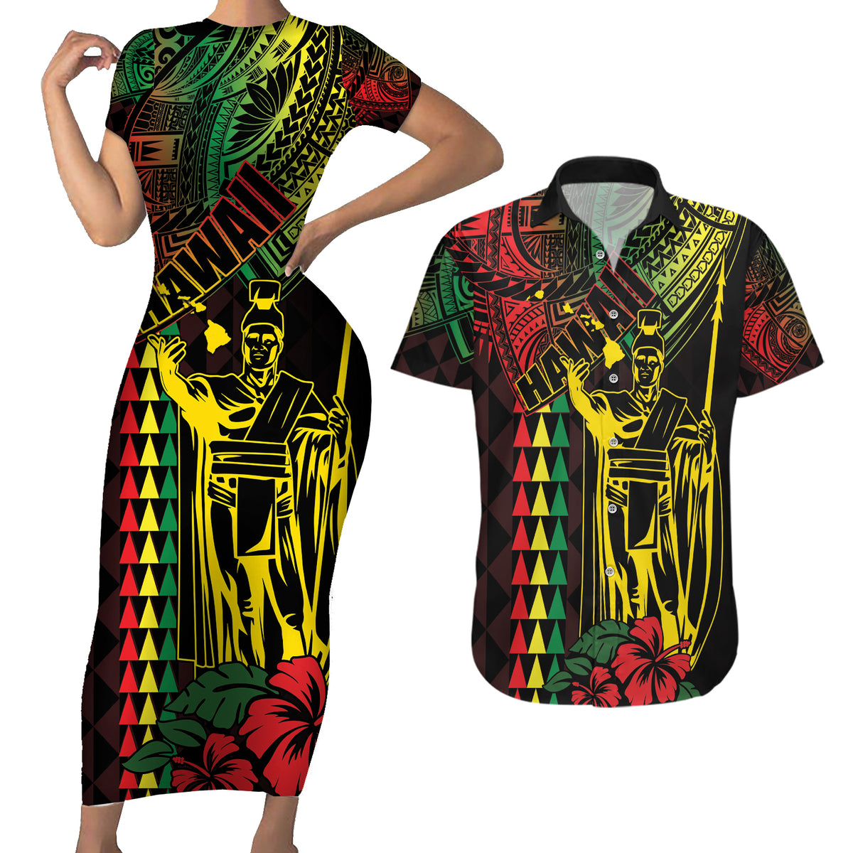 King Kamehameha Day Couples Matching Short Sleeve Bodycon Dress and Hawaiian Shirt Hawaii Kakau Reggae LT01 Black - Polynesian Pride