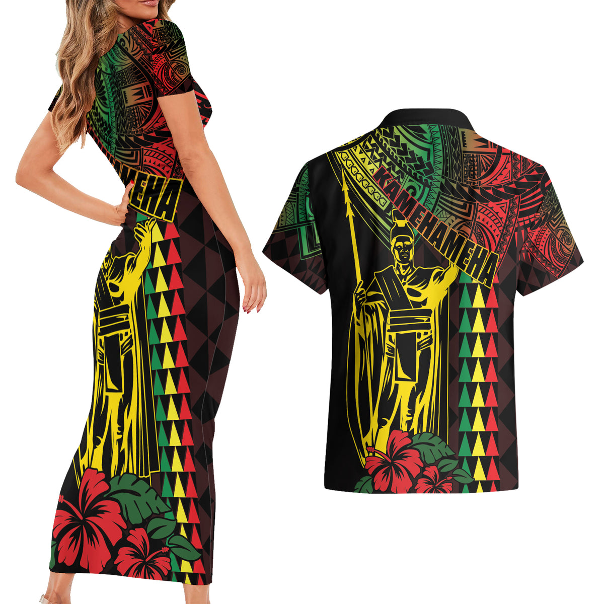 King Kamehameha Day Couples Matching Short Sleeve Bodycon Dress and Hawaiian Shirt Hawaii Kakau Reggae LT01 - Polynesian Pride