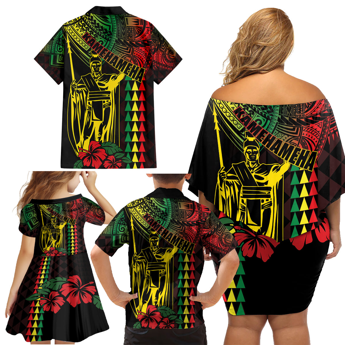 King Kamehameha Day Family Matching Off Shoulder Short Dress and Hawaiian Shirt Hawaii Kakau Reggae