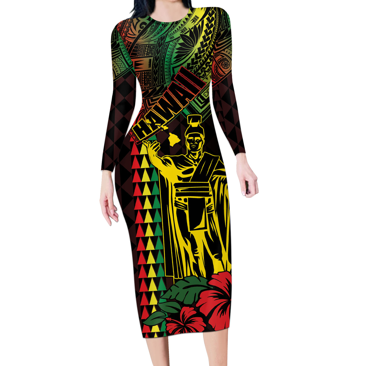 King Kamehameha Day Long Sleeve Bodycon Dress Hawaii Kakau Reggae LT01 Long Dress Black - Polynesian Pride