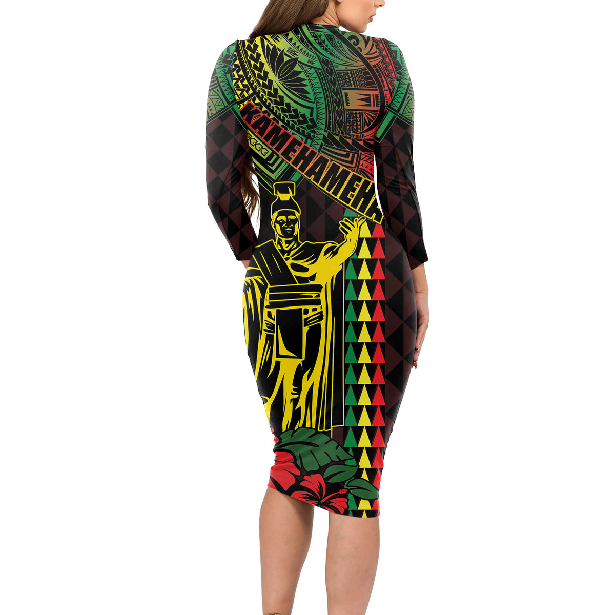 King Kamehameha Day Long Sleeve Bodycon Dress Hawaii Kakau Reggae LT01 - Polynesian Pride