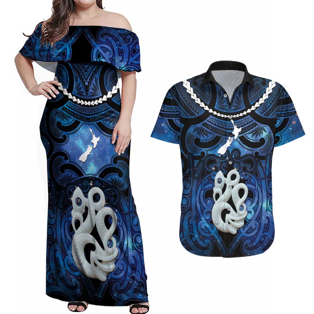 Personalized Maori Matariki Manaia Couples Matching Off Shoulder Maxi Dress and Hawaiian Shirt Maori Kowhaiwhai Pattern Galaxy LT01 Blue - Polynesian Pride