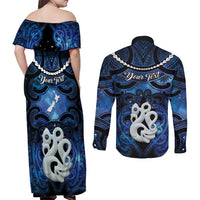 Personalized Maori Matariki Manaia Couples Matching Off Shoulder Maxi Dress and Long Sleeve Button Shirt Maori Kowhaiwhai Pattern Galaxy