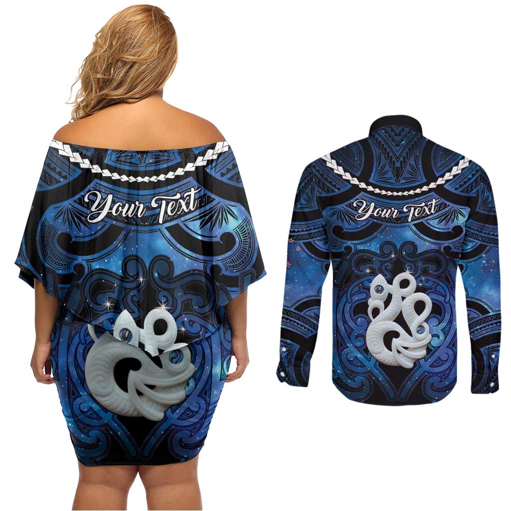 Personalized Maori Matariki Manaia Couples Matching Off Shoulder Short Dress and Long Sleeve Button Shirt Maori Kowhaiwhai Pattern Galaxy
