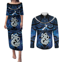 Personalized Maori Matariki Manaia Couples Matching Puletasi and Long Sleeve Button Shirt Maori Kowhaiwhai Pattern Galaxy