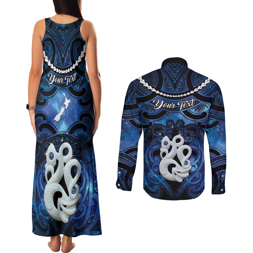 Personalized Maori Matariki Manaia Couples Matching Tank Maxi Dress and Long Sleeve Button Shirt Maori Kowhaiwhai Pattern Galaxy LT01 - Polynesian Pride