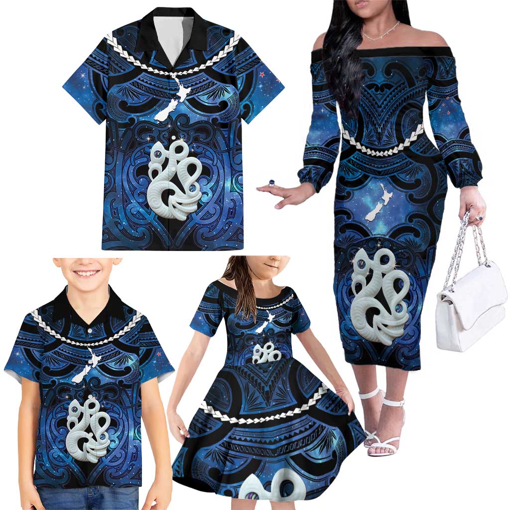 Personalized Maori Matariki Manaia Family Matching Off The Shoulder Long Sleeve Dress and Hawaiian Shirt Maori Kowhaiwhai Pattern Galaxy LT01 - Polynesian Pride