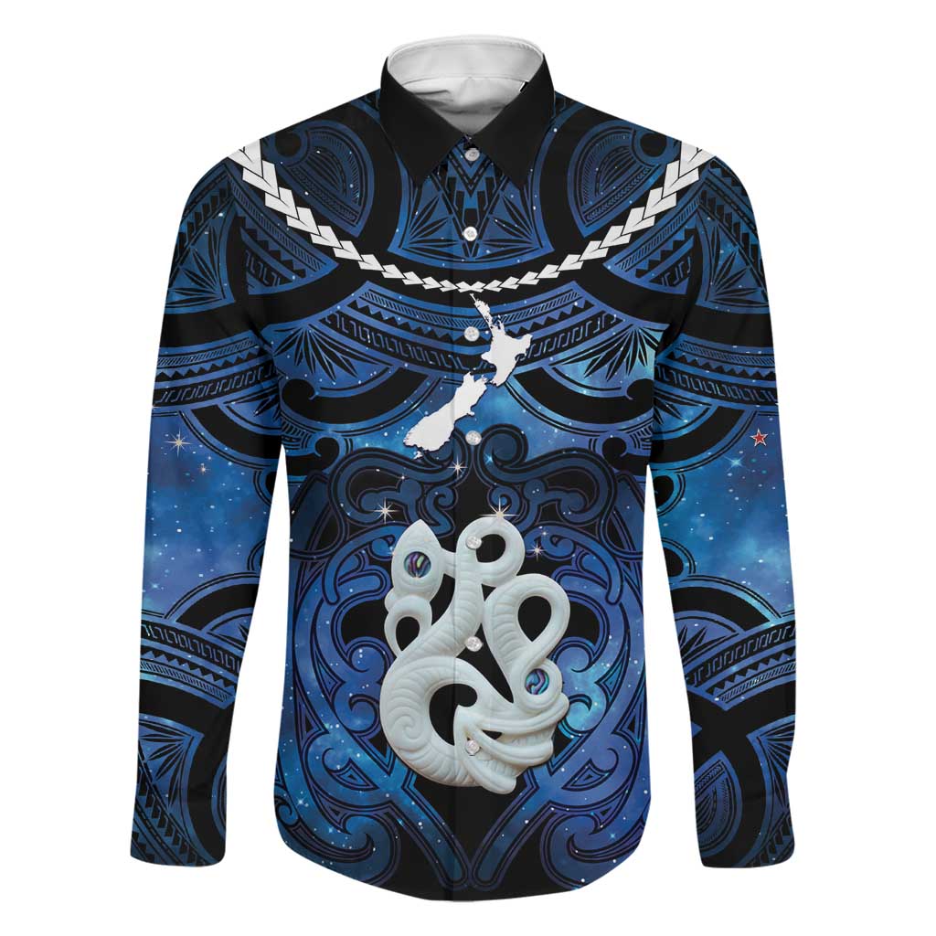 Personalized Maori Matariki Manaia Family Matching Off The Shoulder Long Sleeve Dress and Hawaiian Shirt Maori Kowhaiwhai Pattern Galaxy LT01 Dad's Shirt - Long Sleeve Blue - Polynesian Pride