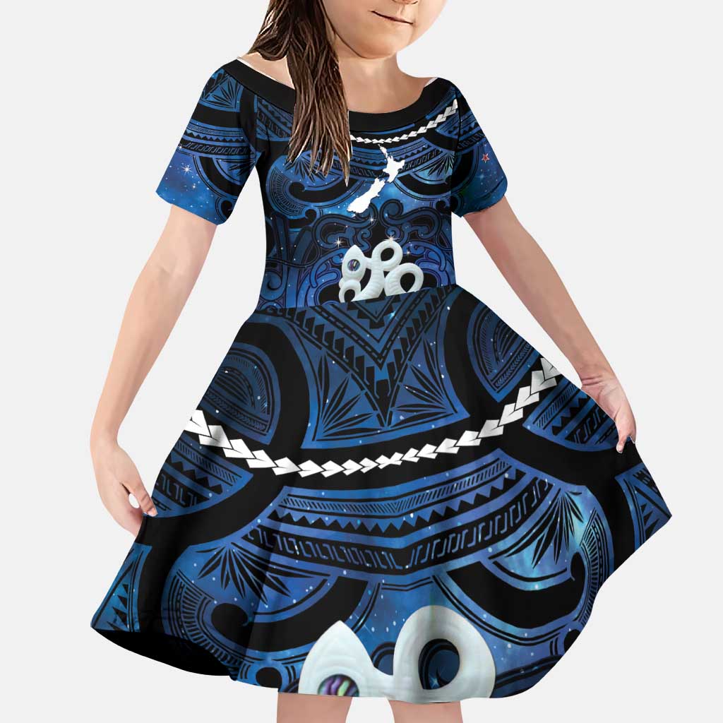 Personalized Maori Matariki Manaia Family Matching Off Shoulder Short Dress and Hawaiian Shirt Maori Kowhaiwhai Pattern Galaxy