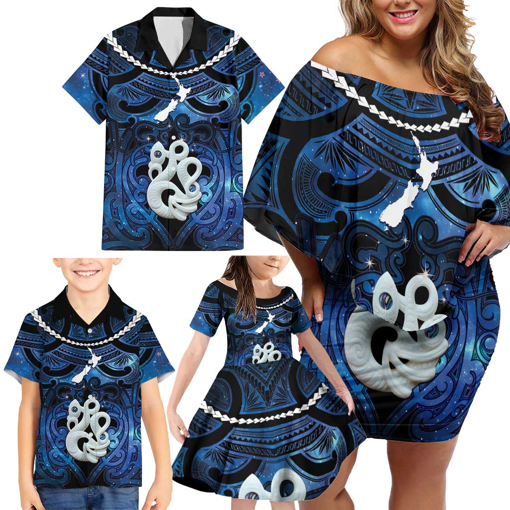 Personalized Maori Matariki Manaia Family Matching Off Shoulder Short Dress and Hawaiian Shirt Maori Kowhaiwhai Pattern Galaxy