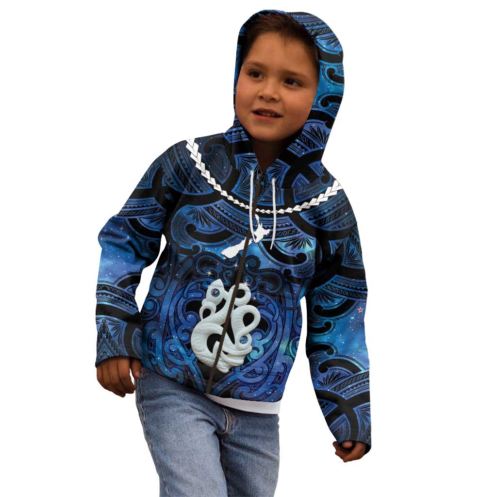 Personalized Maori Matariki Manaia Kid Hoodie Maori Kowhaiwhai Pattern Galaxy