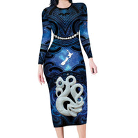 Personalized Maori Matariki Manaia Long Sleeve Bodycon Dress Maori Kowhaiwhai Pattern Galaxy
