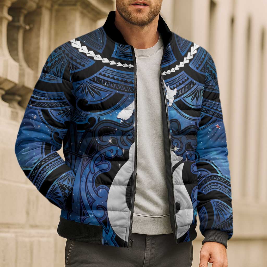 Personalized Maori Matariki Hei Matau Bomber Puffer Jacket Maori Kowhaiwhai Pattern Galaxy