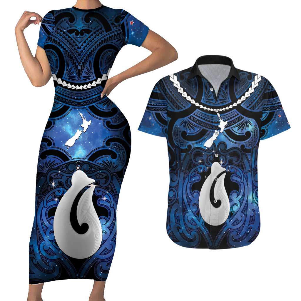 Personalized Maori Matariki Hei Matau Couples Matching Short Sleeve Bodycon Dress and Hawaiian Shirt Maori Kowhaiwhai Pattern Galaxy