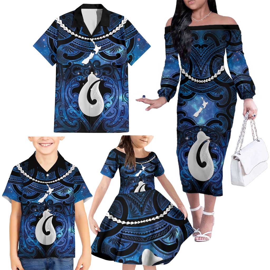 Personalized Maori Matariki Hei Matau Family Matching Off The Shoulder Long Sleeve Dress and Hawaiian Shirt Maori Kowhaiwhai Pattern Galaxy