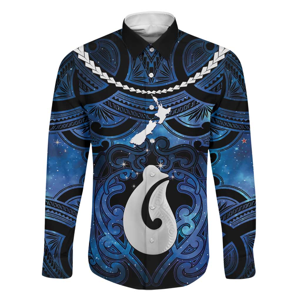 Personalized Maori Matariki Hei Matau Family Matching Off Shoulder Maxi Dress and Hawaiian Shirt Maori Kowhaiwhai Pattern Galaxy LT01 Dad's Shirt - Long Sleeve Blue - Polynesian Pride