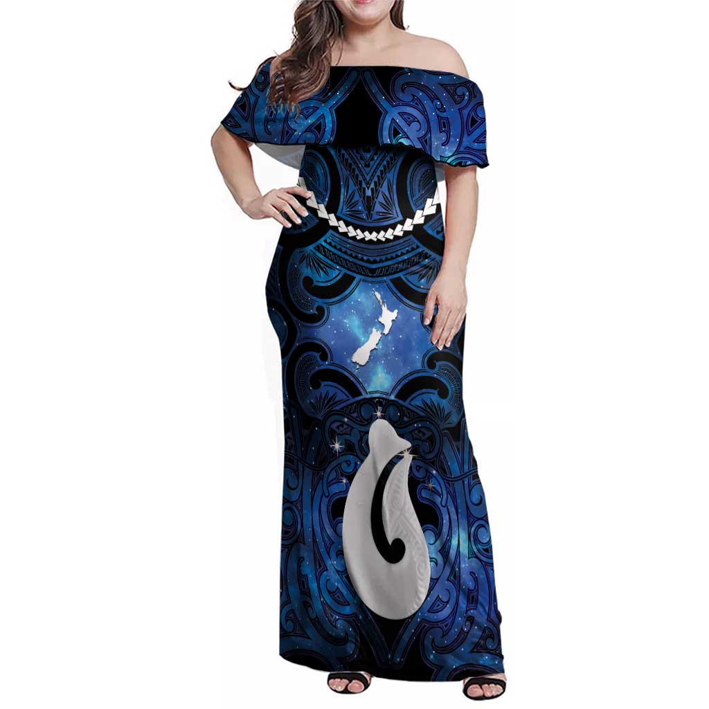 Personalized Maori Matariki Hei Matau Family Matching Off Shoulder Maxi Dress and Hawaiian Shirt Maori Kowhaiwhai Pattern Galaxy LT01 Mom's Dress Blue - Polynesian Pride