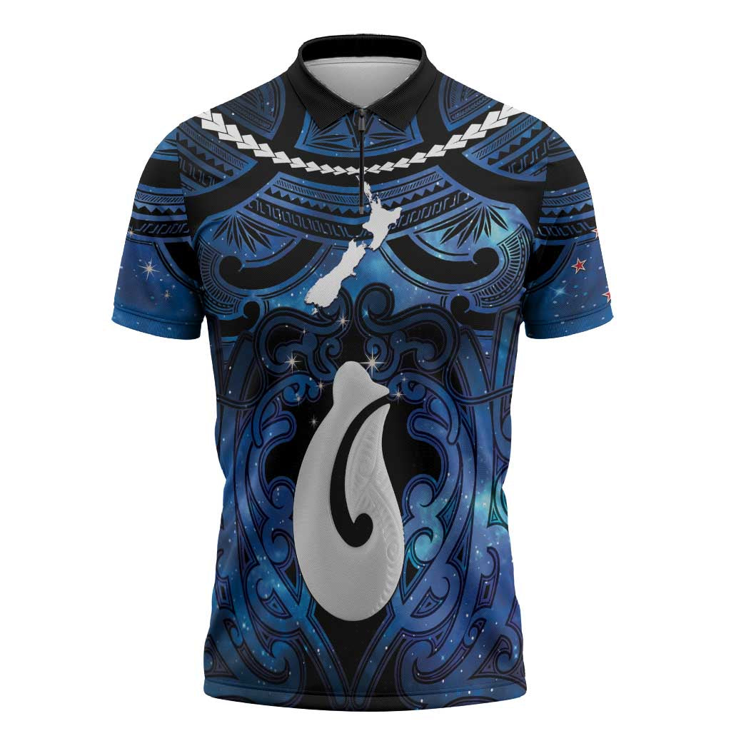 Personalized Maori Matariki Hei Matau Zipper Polo Shirt Maori Kowhaiwhai Pattern Galaxy
