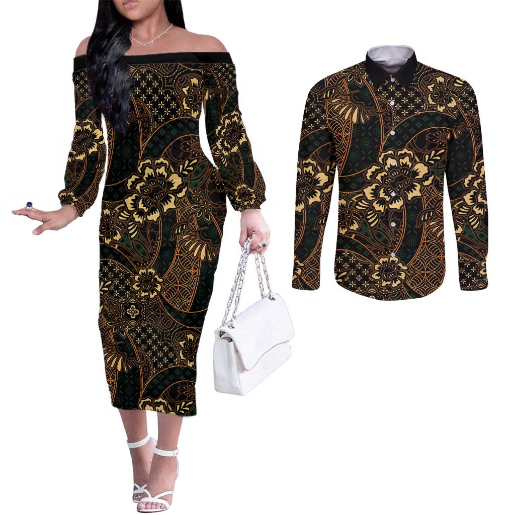 Indonesian Batik Pattern Vintage Brown Couples Matching Off The Shoulder Long Sleeve Dress and Long Sleeve Button Shirt