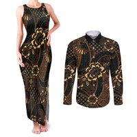 Indonesian Batik Pattern Vintage Brown Couples Matching Tank Maxi Dress and Long Sleeve Button Shirt