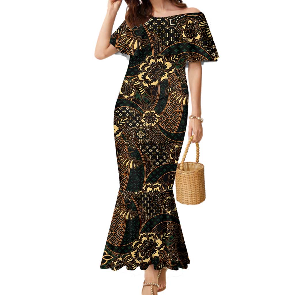 Indonesian Batik Pattern Vintage Brown Family Matching Mermaid Dress and Hawaiian Shirt
