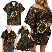 Indonesian Batik Pattern Vintage Brown Family Matching Off Shoulder Short Dress and Hawaiian Shirt