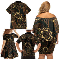 Indonesian Batik Pattern Vintage Brown Family Matching Off Shoulder Short Dress and Hawaiian Shirt