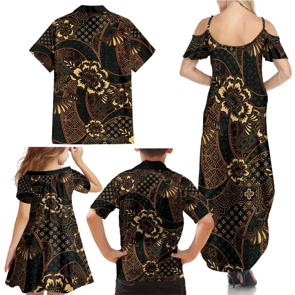 Indonesian Batik Pattern Vintage Brown Family Matching Summer Maxi Dress and Hawaiian Shirt