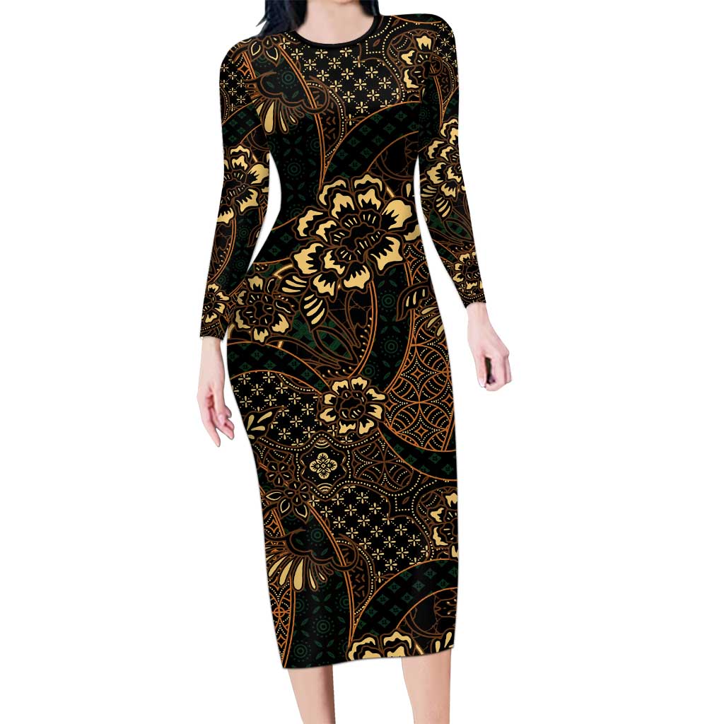 Indonesian Batik Pattern Vintage Brown Long Sleeve Bodycon Dress