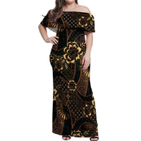 Indonesian Batik Pattern Vintage Brown Off Shoulder Maxi Dress