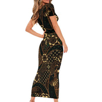 Indonesian Batik Pattern Vintage Brown Short Sleeve Bodycon Dress