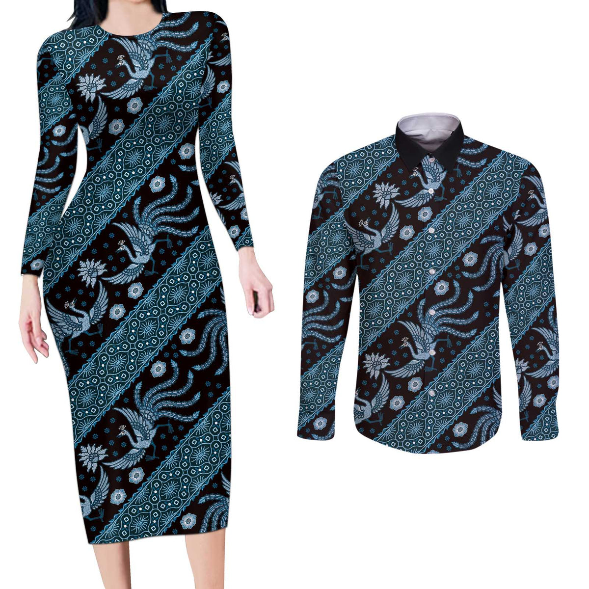 Indonesia Batik Pattern Couples Matching Long Sleeve Bodycon Dress and Long Sleeve Button Shirt Blue Version