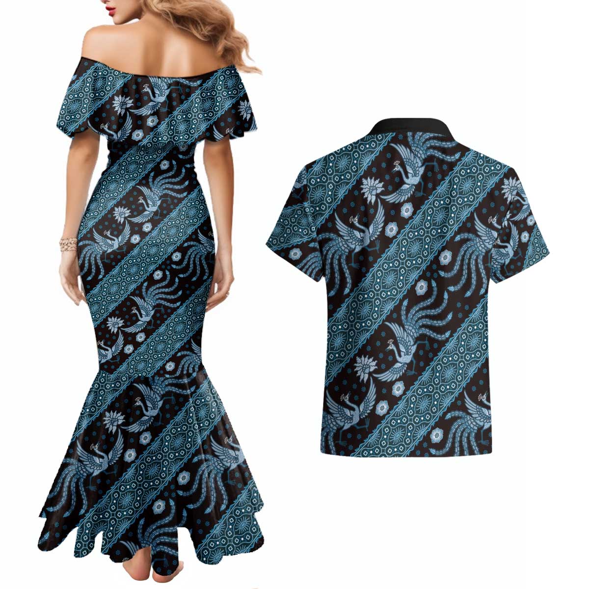 Indonesia Batik Pattern Couples Matching Mermaid Dress and Hawaiian Shirt Blue Version