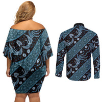 Indonesia Batik Pattern Couples Matching Off Shoulder Short Dress and Long Sleeve Button Shirt Blue Version