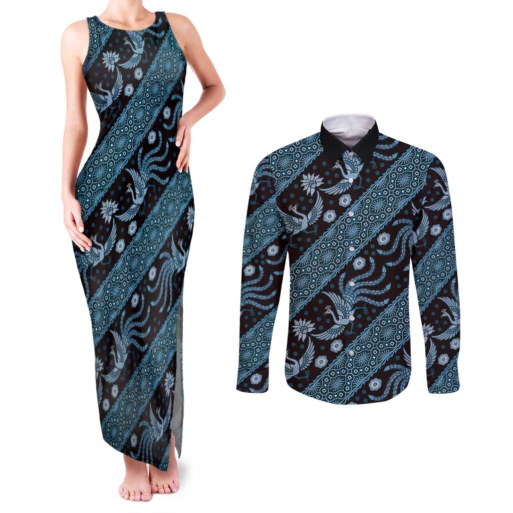 Indonesia Batik Pattern Couples Matching Tank Maxi Dress and Long Sleeve Button Shirt Blue Version