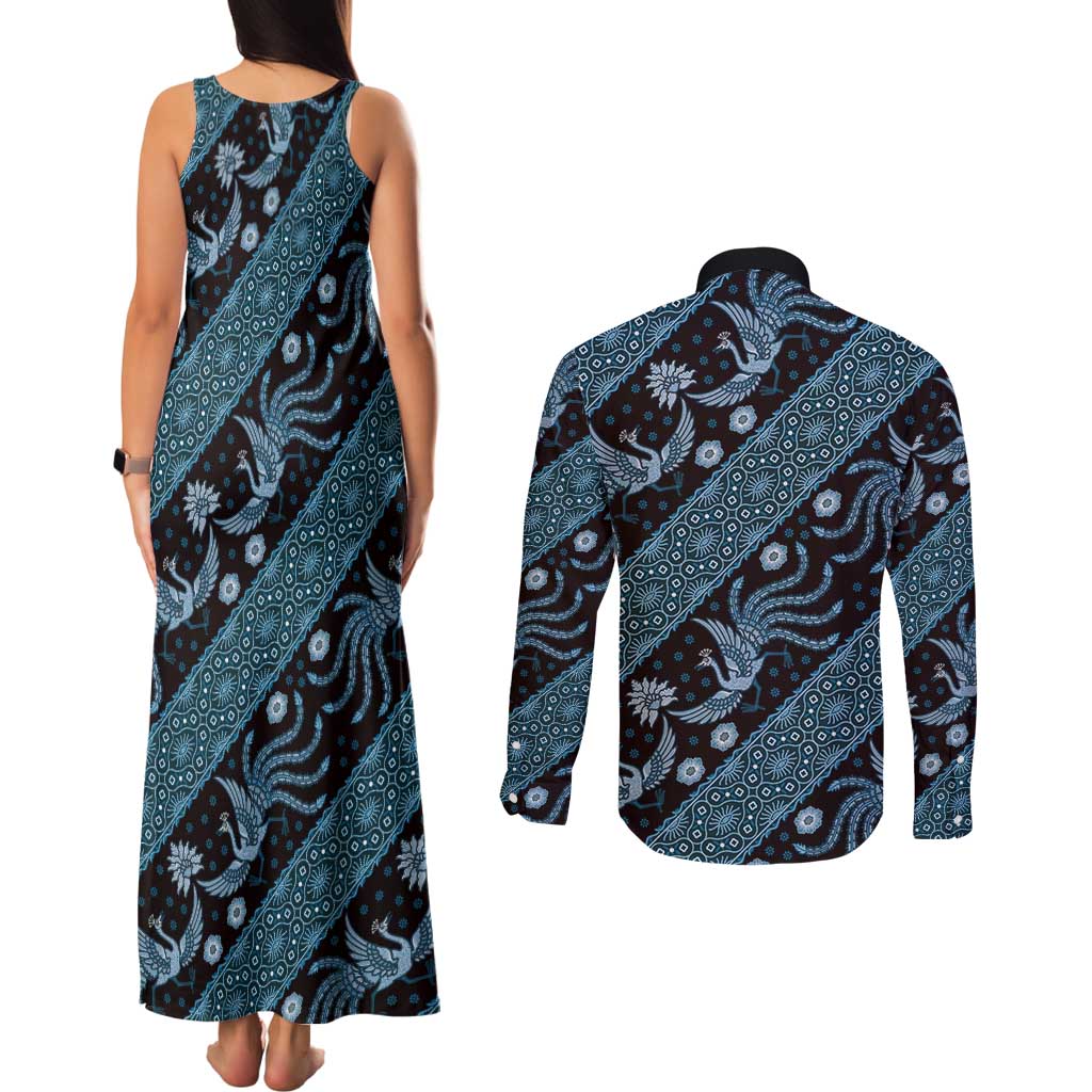 Indonesia Batik Pattern Couples Matching Tank Maxi Dress and Long Sleeve Button Shirt Blue Version