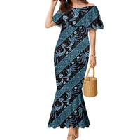 Indonesia Batik Pattern Family Matching Mermaid Dress and Hawaiian Shirt Blue Version