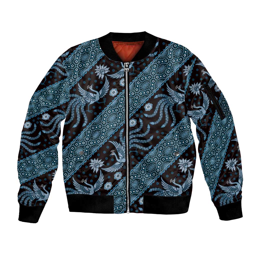 Indonesia Batik Pattern Sleeve Zip Bomber Jacket Blue Version LT01 Unisex Blue - Polynesian Pride