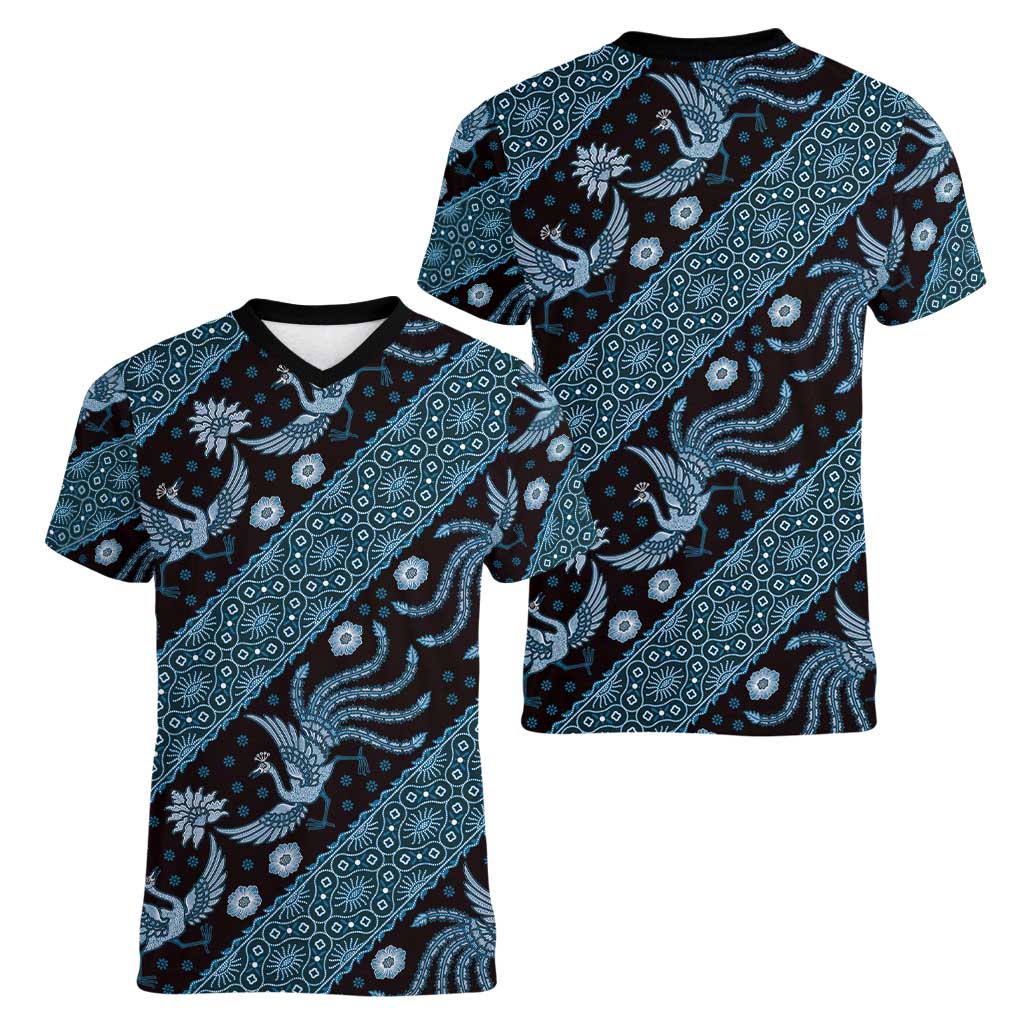 Indonesia Batik Pattern Women V-Neck T-Shirt Blue Version
